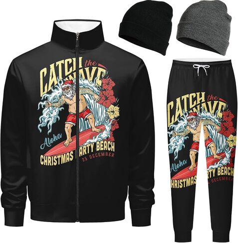 Retro 90s 80s outfit for men sweatsuits track suits for men 2 piece set Full Zipper with 2 Knit Beanie hat in Saudi Arabia