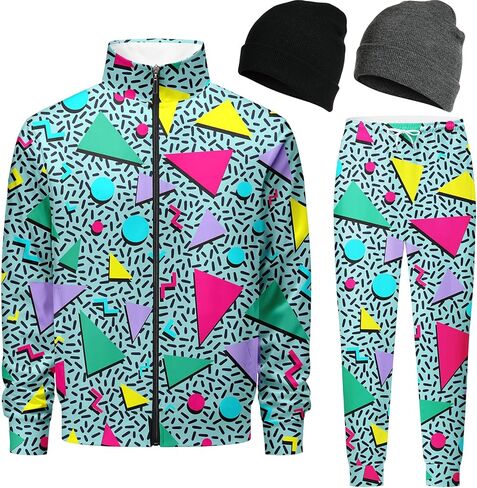 Retro 90s 80s outfit for men sweatsuits track suits for men 2 piece set Full Zipper with 2 Knit Beanie hat in Saudi Arabia
