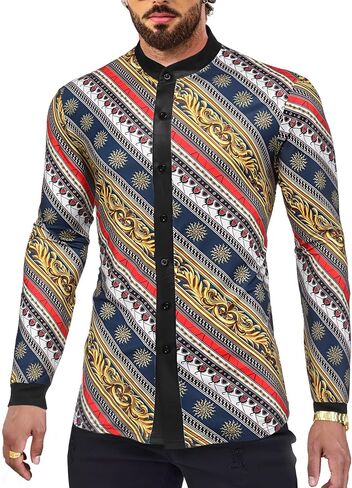 Men's African Traditional Pattern Print Shirt Casual Long Sleeve Button Down Shirts Luxury Printed Dashiki for Men in Kuwait