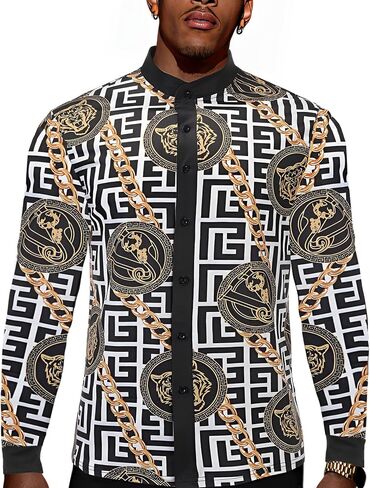 Men's African Traditional Pattern Print Shirt Casual Long Sleeve Button Down Shirts Luxury Printed Dashiki for Men in Kuwait