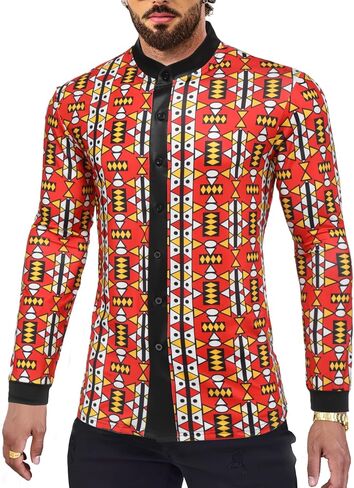 Men's African Traditional Pattern Print Shirt Casual Long Sleeve Button Down Shirts Luxury Printed Dashiki for Men in Kuwait