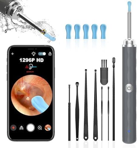 Ear Wax Removal, Ear Cleaner with Camera and Light, Ear Wax Removal Kit with 1296P Otoscope, Ear Cleaning Tool with 6 Ear Spoon, Ear Camera for iPhone & Android Phones,Black in Saudi Arabia