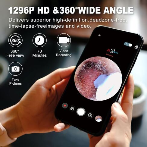 Ear Wax Removal, Ear Cleaner with Camera and Light, Ear Wax Removal Kit with 1296P Otoscope, Ear Cleaning Tool with 6 Ear Spoon, Ear Camera for iPhone & Android Phones,Black in Saudi Arabia