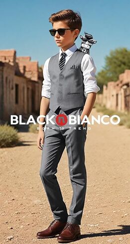 Black n Bianco Boys Five Piece Slim Fit Vest Suit with Tie, Shirt, Pants, Vest and Hanky. Style - 519 in Saudi Arabia