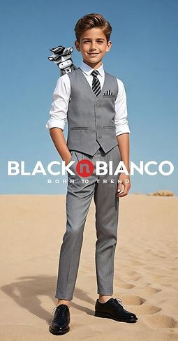 Black n Bianco Boys Five Piece Slim Fit Vest Suit with Tie, Shirt, Pants, Vest and Hanky. Style - 519 in Saudi Arabia