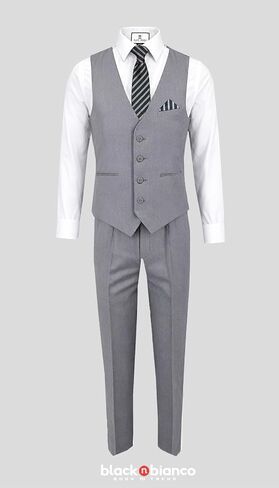 Black n Bianco Boys Five Piece Slim Fit Vest Suit with Tie, Shirt, Pants, Vest and Hanky. Style - 519 in Saudi Arabia