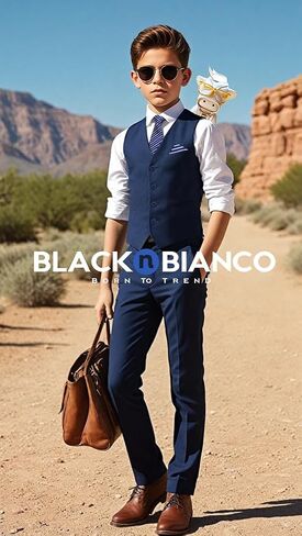 Black n Bianco Boys Five Piece Slim Fit Vest Suit with Tie, Shirt, Pants, Vest and Hanky. Style - 519 in Saudi Arabia