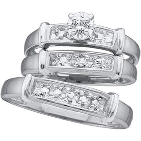 Solid 925 Sterling Silver His and Hers Round Diamond Solitaire Matching Couple Three Rings Bridal Engagement Ring Wedding Bands Set 1/12 Ct.