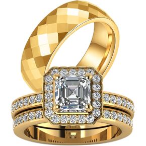 ringheart Couple Rings Matching Rings Yellow Gold Plated 1CT AAA CZ 2pcs Women Wedding Ring Sets for Him and Her Rings Men Band