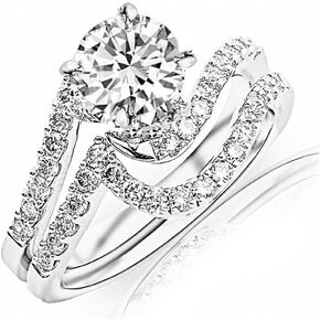 2.45 Carat t.w. ROUND Shape/Center Silver Curving Pave & Prong-set Round CZ Engagement Ring and Wedding Band Set