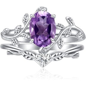Oval Shaped Gemstone Engagement Rings Set for Women 925 Sterling Silver,8x6 MM Amethyst Leaf Ring Unique Bridal Wedding Rings Size 3-13