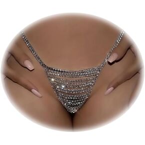 Shining Sexy Rhinestone Waist Chain Thong Panties Crystal Tassel Chain Thong Panties Summer Beach Festival Rave G String Thong Crystal Hip Body Chain Jewelry for Women