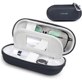 Luxtude Contact Lens Case, Cute Glasses and Contact Case 2 in 1, Built-in Mirror & Tweezers & Contact Lens Solution Bottle, Double Layer Hard Carrying Case for Well Protection, Black