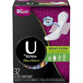 U by Kotex Cleanwear Ultra Thin Pads with Wings, Heavy Flow, 32 Count