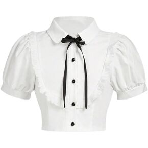 Verdusa Girl's Tie Front Puff Sleeve Collar Shirt Ruffle Button Down Crop Blouse Top