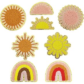 8PCS Boho Sun Iron on Patches, Cute Bohemian Rainbow Sunshine Embroidered Iron on Patches for Clothes, Colorful Custom Applique for Kids, Hats, Jeans, Jackets, Bags, Backpacks, Dress