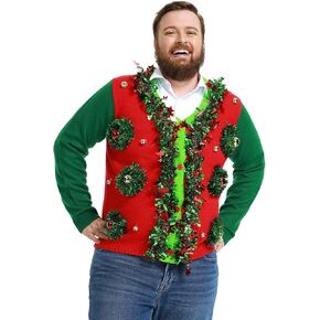 Ugly Christmas Sweater Unisex Funny Novelty Knit Pullover Men with Santa Reindder for Xmas PartyMediumTinsel Trim Colour Fest