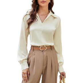 GRACE KARIN Women's Satin Silk Blouse Lapel V Neck Long Sleeve Casual Work Blouse Shirts Pullover Tops