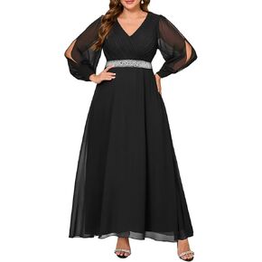 Pinup Fashion Women Plus Size Formal Dresses - Evening Gown Long Sleeve Chiffon Beading Maxi Dress