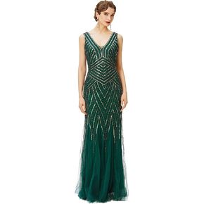 BABEYOND Women's Flapper Dress 1920s V-Neck Evening Gown Sequin Beaded Maxi Dress for Wedding Green Gold