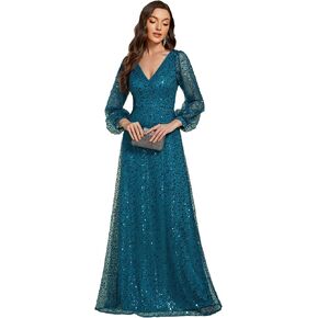 Ever-Pretty Women's Sequin A-Line V Neck Beaded Gown Long Sheer Sleeves Cocktail Evening Gown 01999