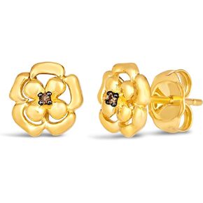 LE VIAN Chocolate Diamond Flower Stud Earrings for Women in 14k Yellow Gold (Brown Diamond, 0.01 cttw) Push Back Studs