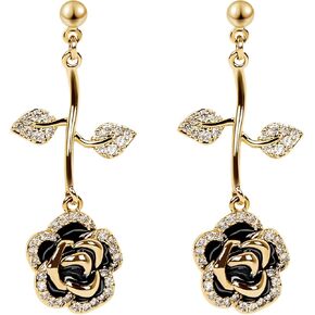 Black Rose Flower Dangle Earrings for Women, Copper plated in Gold with Sparkling Cubic Zirconia,S925 Sterling Silver post, lightweight fashionably Versatile drop earrings
