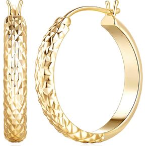 Gold Hoop Earrings 14K Gold Hoop Earrings for Women Wrinkle Texture Gold Earrings for Women Hypoallergenic Gold Hoops Earrings 25mm (25mm)