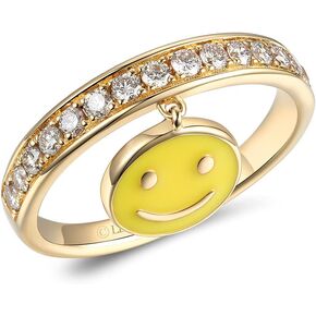 Diamond and Enamel Smiley Face Charm Band Ring or Bracelet or Stud Earrings for Women in 14k Yellow Gold Anniversary Ring Size 5 to 10.5 Round Earrings with Push Backs Lobster Claw Bracelet by LeVian