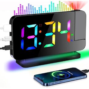 Digital Projection Alarm Clocks for Bedrooms,LED Mirror Digital Alarm Clocks with 180° Rotatable Projector, RGB Night Light,USB Charger Port, Auto Dimmer, Snooze function,FM radio function (Black)