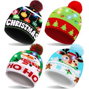 4 Pack LED Christmas Hat, Christmas Light-up Beanie Knit Hats, Colorful Flashing Cap Winter Snow Hat for Holiday Xmas Christmas Ugly Sweater New Years Party Supplies
