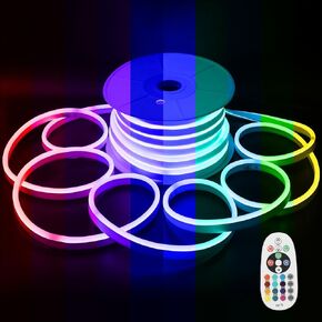 FORT AC110V 120V LED RGB Neon Rope Lights, 50FT Linkable Light Strip,144 led/M IP67 Waterproof, Multicolor Neon Strip Lighting with Remote Controller for Indoor Outdoor Home Commercial Decor ETL FCC