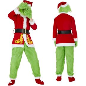 8PCS Christmas Costume for Men Adult Santa Claus Suit Deluxe Furry Green Giant Monster Santa Cosplay Outfit