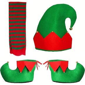 Elf Hat Shoes Covers Socks Felt Set Accessories Christmas Party Gifts for Adults Women Men: Xmas Costume with Jingle Bells