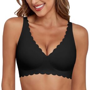 Deep V Neck Wireless Bras for Women No Underwire Scalloped Seamless Bralettes Petal Wavy Womens Bras with Extender