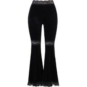 Womens High Waisted Lace Bell Bottom Solid Hippie Pants Stretch Wide Leg Flared Pants Boho Trousers
