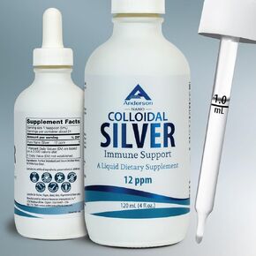 Nano Colloidal Silver Liquid for Immune Support, 12 PPM Pharmaceutical Grade Deionized Silver, 4 Oz Glass Bottle with Measuring Dropper, 24 Servings