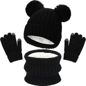 Kids Winter Hat Gloves Scarf Set,Girls Hats Beanie with Pom Knit Neck Warmer Gaiter Mittens Fleece Lined Set 1-6 Years