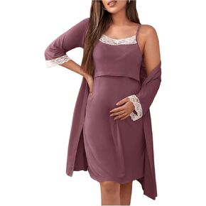 SweatyRocks Women's Maternity 2 Piece Nursing Gown and Lace Robe Set Breastfeeding Labor Delivery Nursing Nightgowns