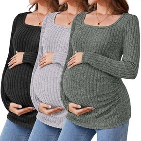 Ficerd 3 Pack Women's Maternity Tops, Long Sleeve Pregnancy Sweaters Scoop Neck Ribbed Knit Casual Pregnant Tee Shirts