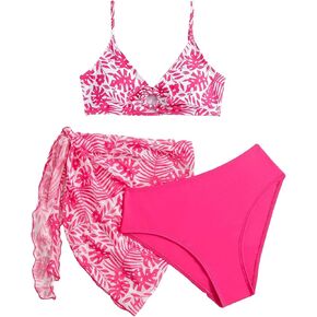 SHENHE Girl's Summer 3 Piece Tropical Cut Out Bikini Set Bathing Suit with Beach Cover Up Skirt