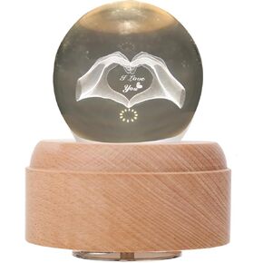 Heart Hand Statue Crystal Ball Music Box with Projection and Rotating Wood Base, Love Finger Sculpture Snow Globe for Family, Friends, Best Gift for Birthday Thanksgiving (Always with Me)