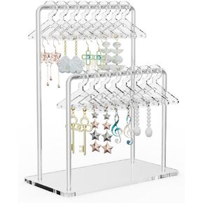 NiHome Acrylic Earring Holder with Unique Double-Tiered Design, Cute Miniature Clothing Hangers with Spacious Storage for 48 Pairs, Display for Home Vanity & Retail Showrooms (Rose Gold, With Tray)