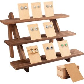 ZYP 51pcs 3-Tier Wood Earring Display Stand, Retail Jewelry Card Stand with Groove + 50 Cards Portable Ring Organizer Holder Showcase Racks for Business Home Using