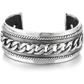 COOLSTEELANDBEYOND Masculine Wide Steel Cuff Bangle Bracelet for Men Women with Curb Chain Ornament