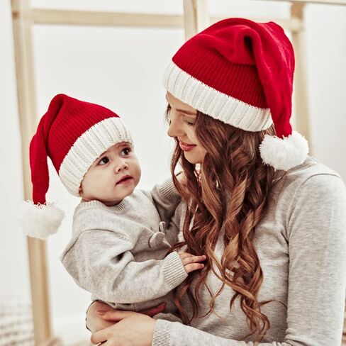 Women Knitted Christmas Beanie Hat Red Warm Family Hats for Unisex Santa Hat Winter Bobble Hat Prop for Christmas Party in Kuwait