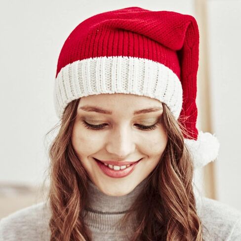 Women Knitted Christmas Beanie Hat Red Warm Family Hats for Unisex Santa Hat Winter Bobble Hat Prop for Christmas Party in Kuwait