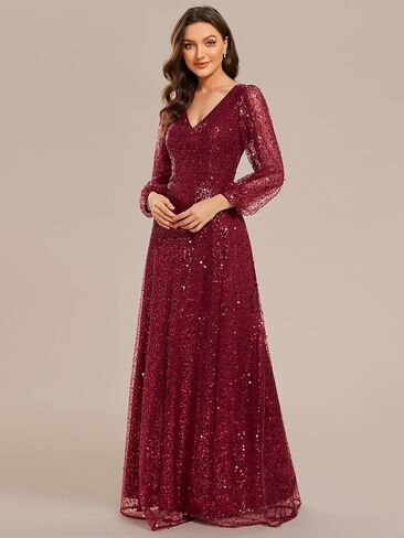 فستان سهرة نسائي من Ever-Pretty مزين بالترتر على شكل حرف V ورقبة على شكل حرف V وأكمام طويلة شفافة لحفلات الكوكتيل 01999 in Kuwait