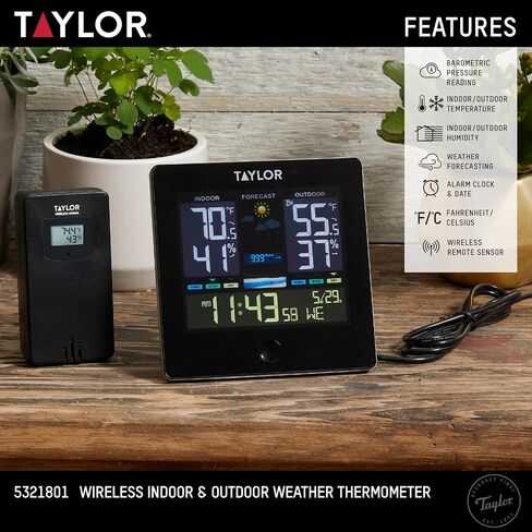 Taylor Digital Wireless Deluxe Indoor Outdoor Thermometer, Weather Station Forecaster, Calendar with Clock, Easy-to-Read Display for Home, Office, Greenhouse, Nursery, and Indoor Areas, LCD, Black in Saudi Arabia