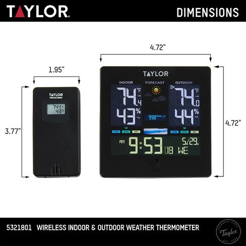 Taylor Digital Wireless Deluxe Indoor Outdoor Thermometer, Weather Station Forecaster, Calendar with Clock, Easy-to-Read Display for Home, Office, Greenhouse, Nursery, and Indoor Areas, LCD, Black in Saudi Arabia